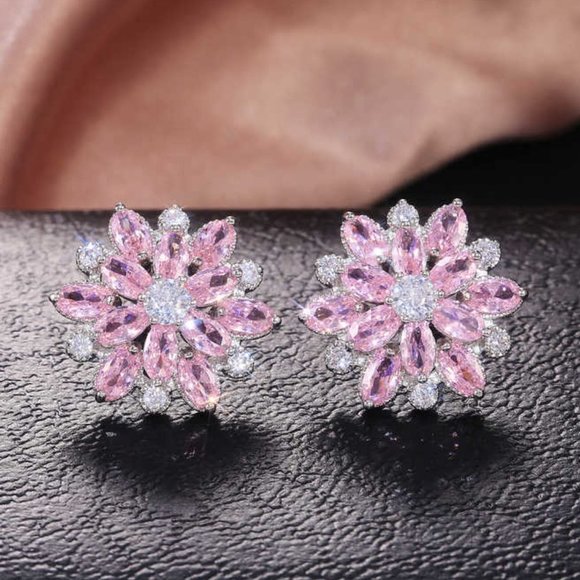 Colorful Flower CZ Full Filled Romantic Stud Earrings For Women, HA4174 - Picture 1 of 1